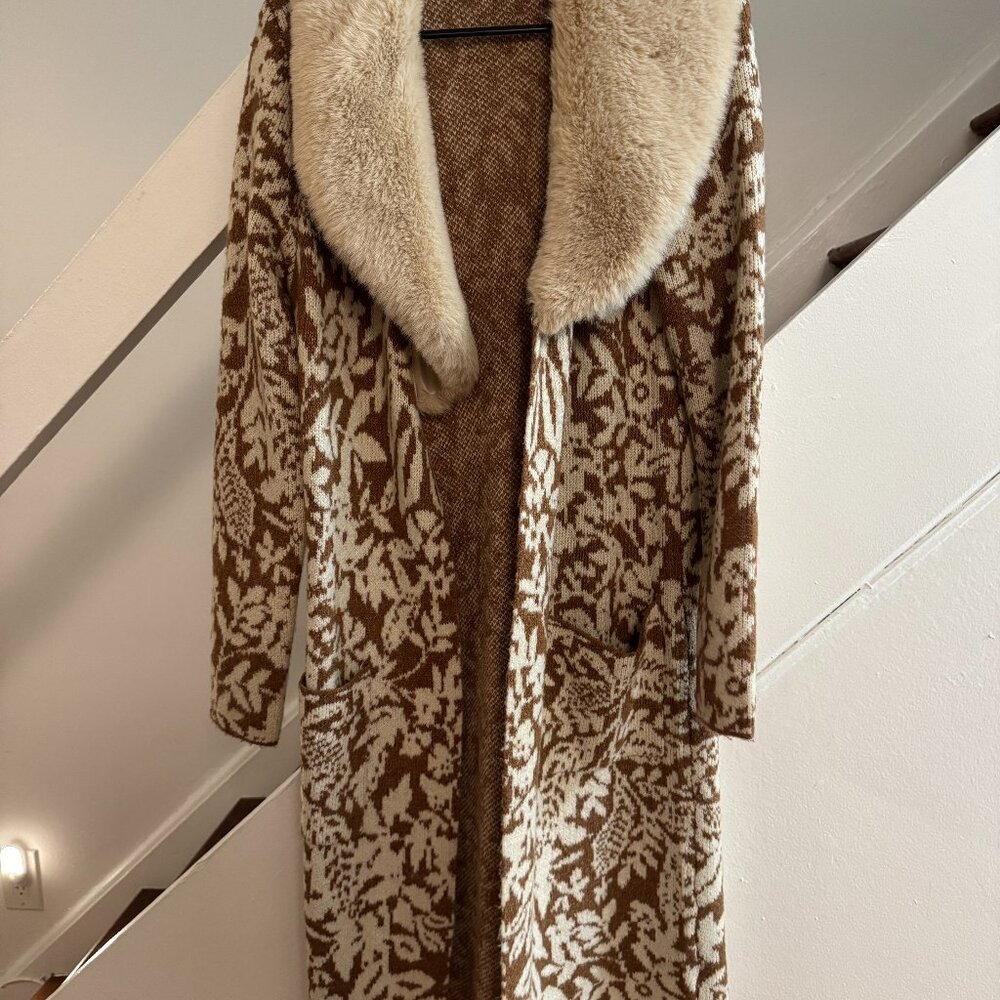 Faux Fur Collar Brown and Cream Floral Knit Cardigan